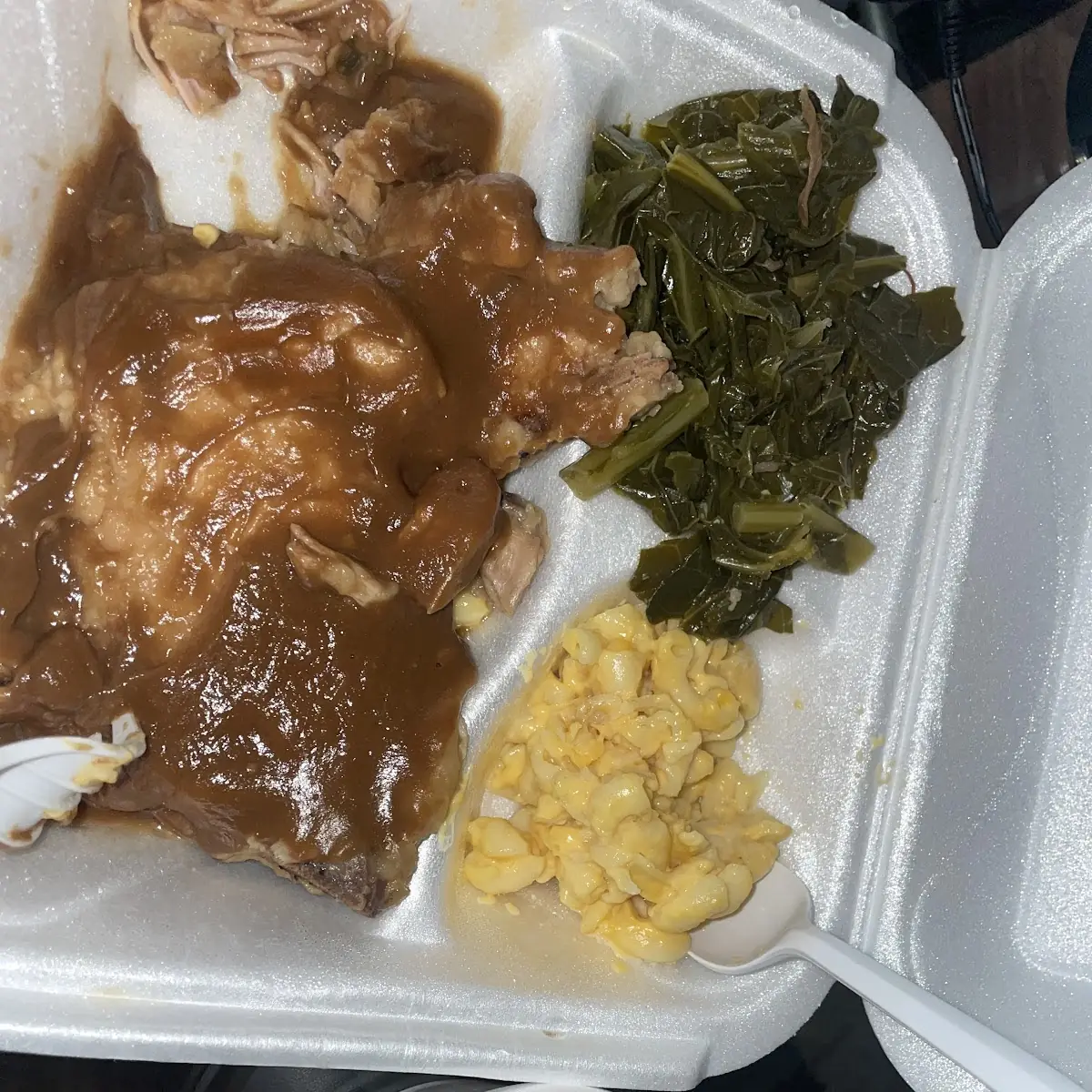 Smothered Pork Chops Macaroni Greens and Yams