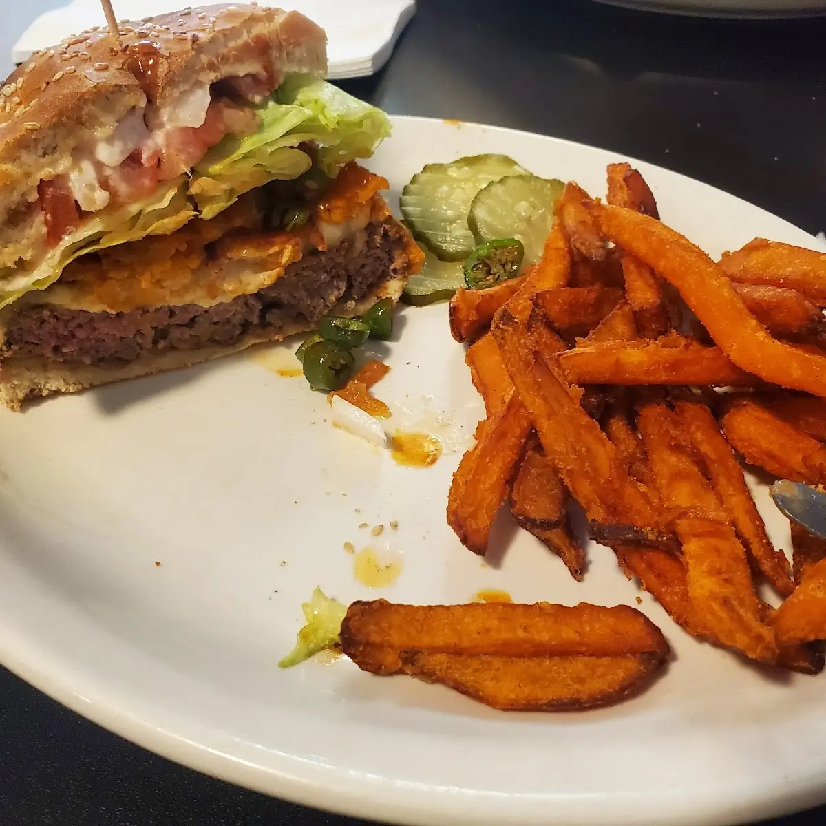 Ring of Fire Burger with Sweet Potato Fries