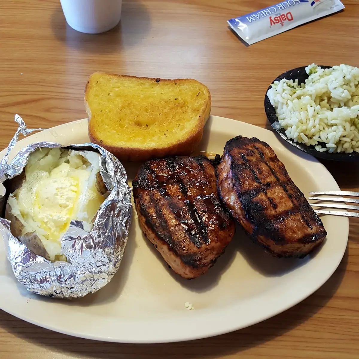 Grilled Pork Chops with a Baked Potato