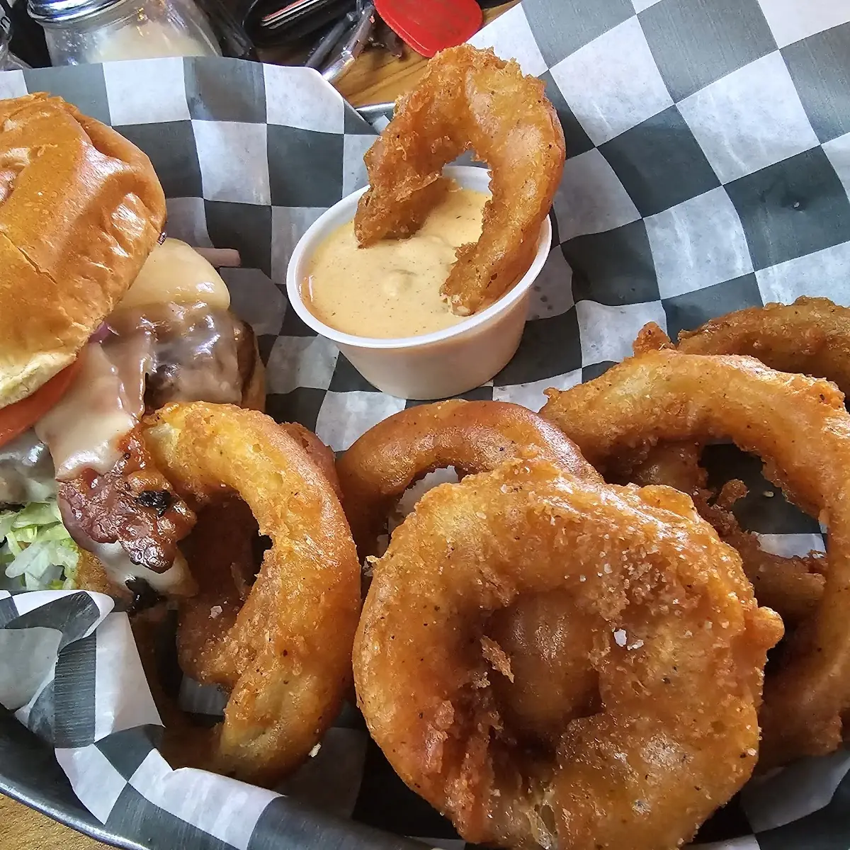 Maple BBQ Burger and Onion Rings