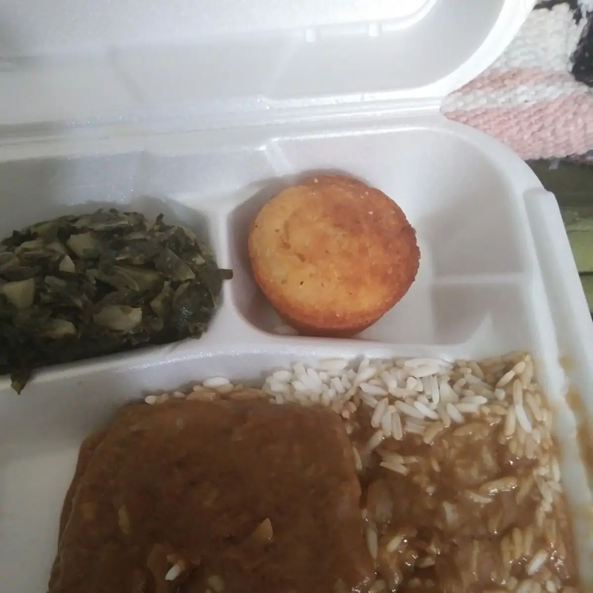 Hamburger Steak Rice Gravy Collard Greens