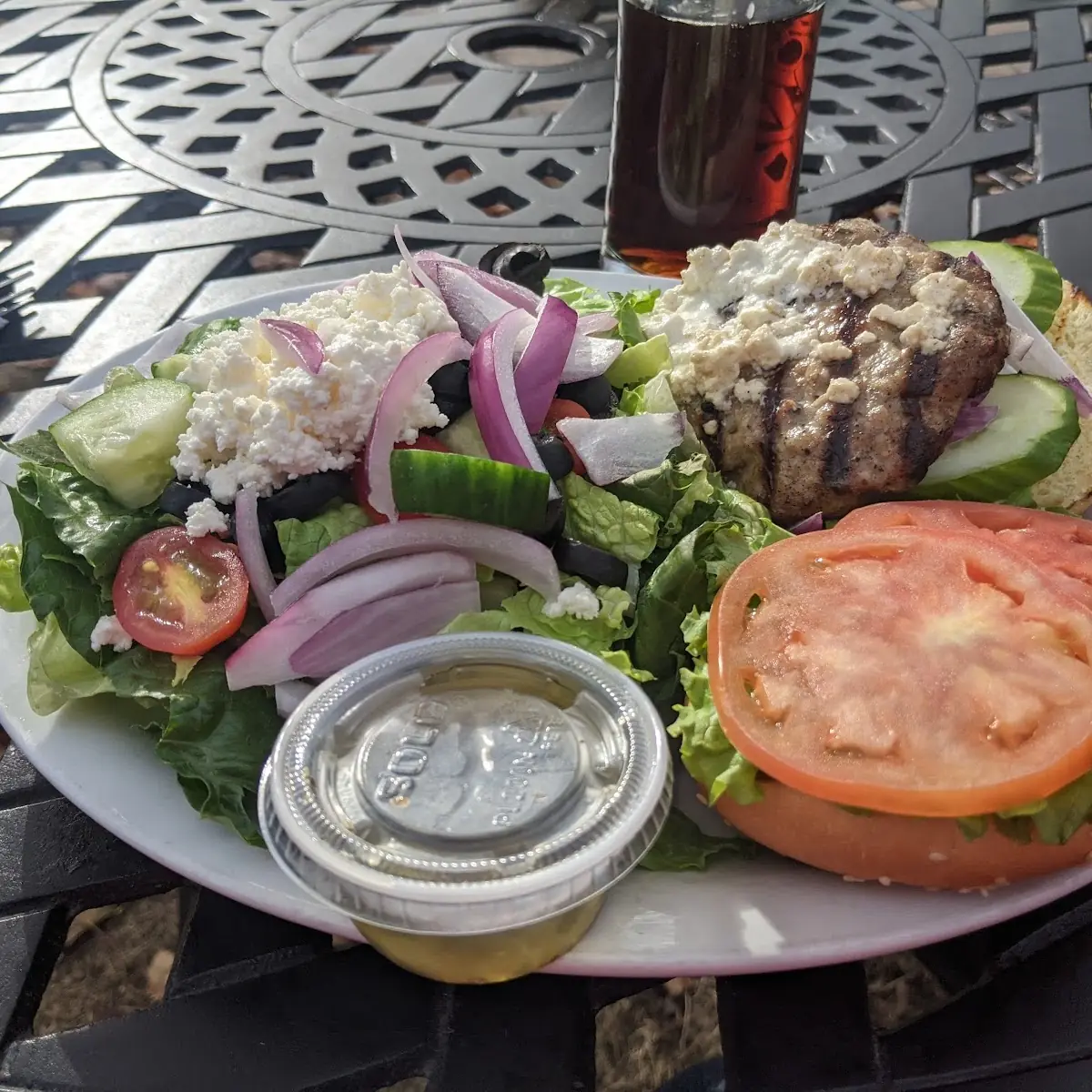 Lamb Burger with Greek Salad