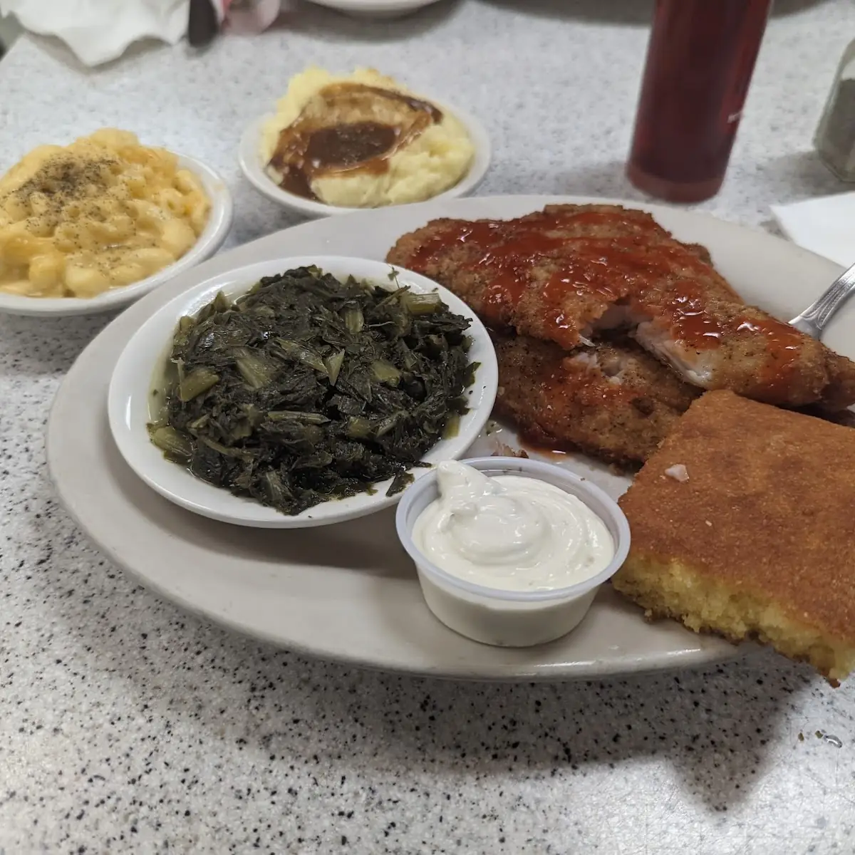 Catfish Platter with Collards and Mashed Potatoes and Gravy