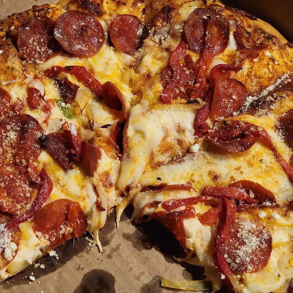 Pepperoni Onion Roasted Red Pepper Pizza