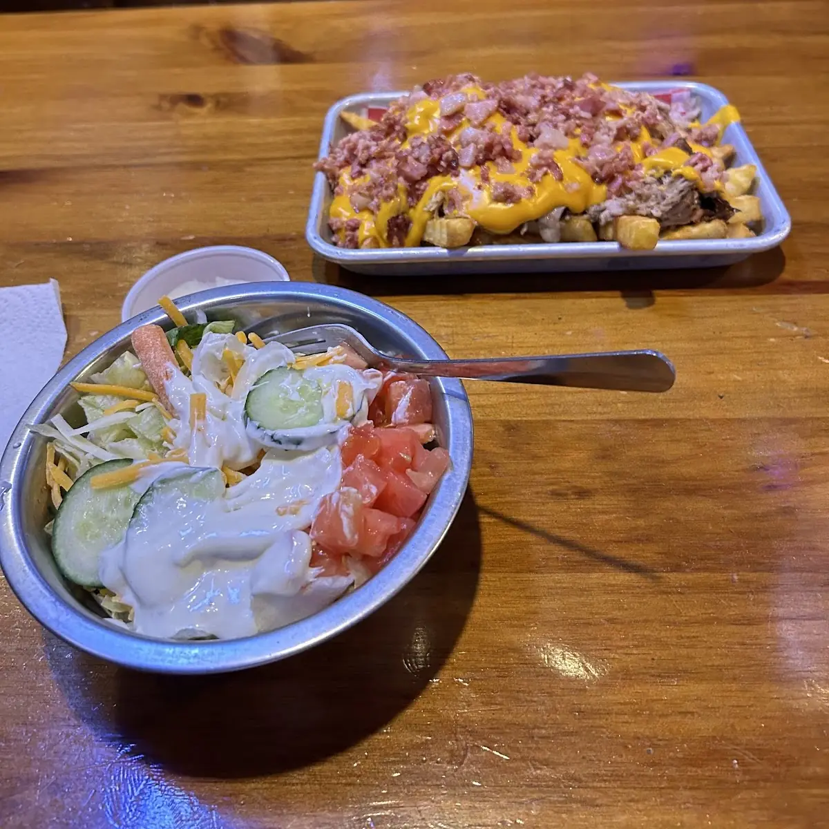 Loaded Fries with Pull Pork and Side Salad
