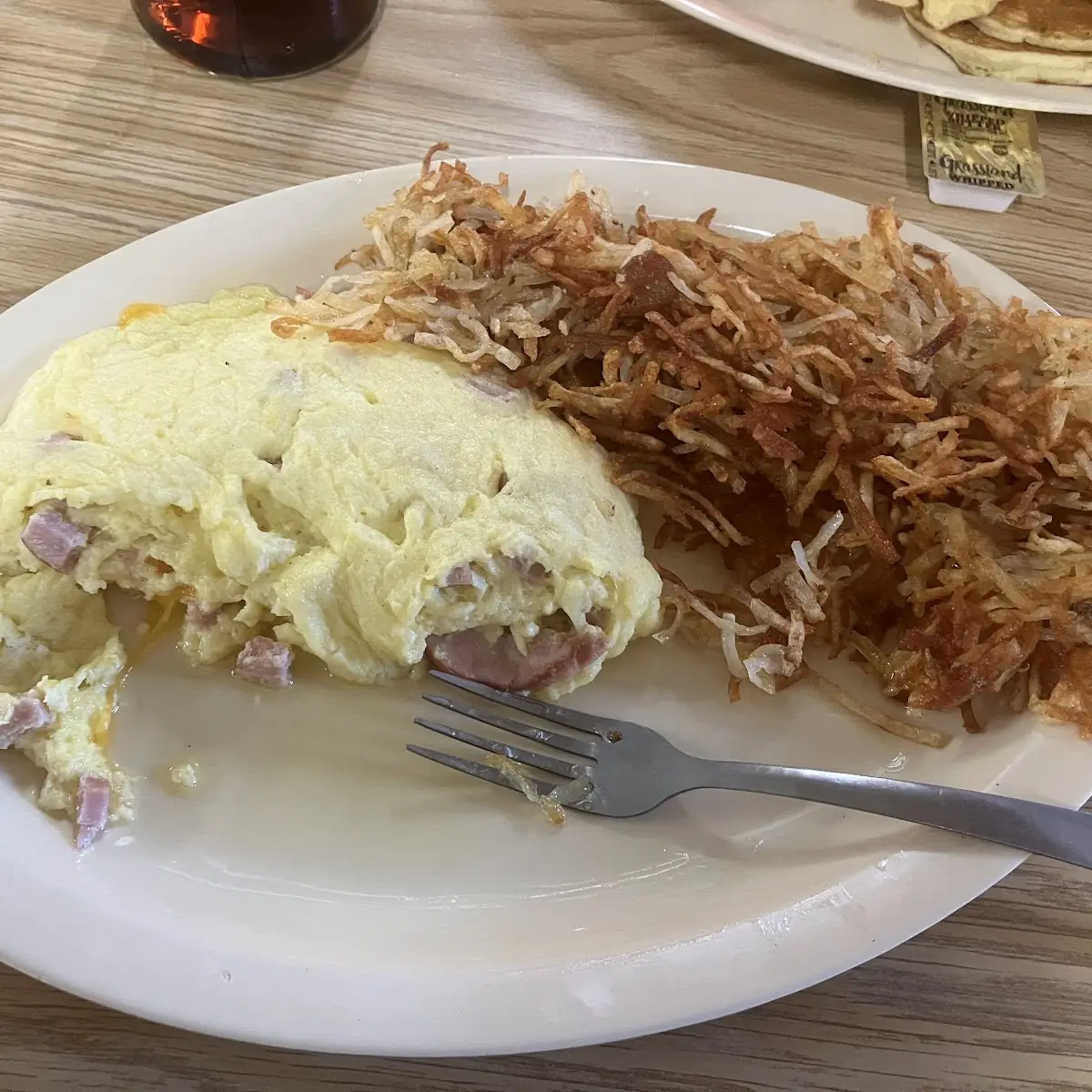 Ham and Cheddar Cheese Omelet and Hash Browns