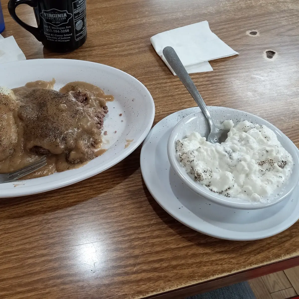 Meat Loaf with Mashed Potatoes and Gravy and Cottage Cheese