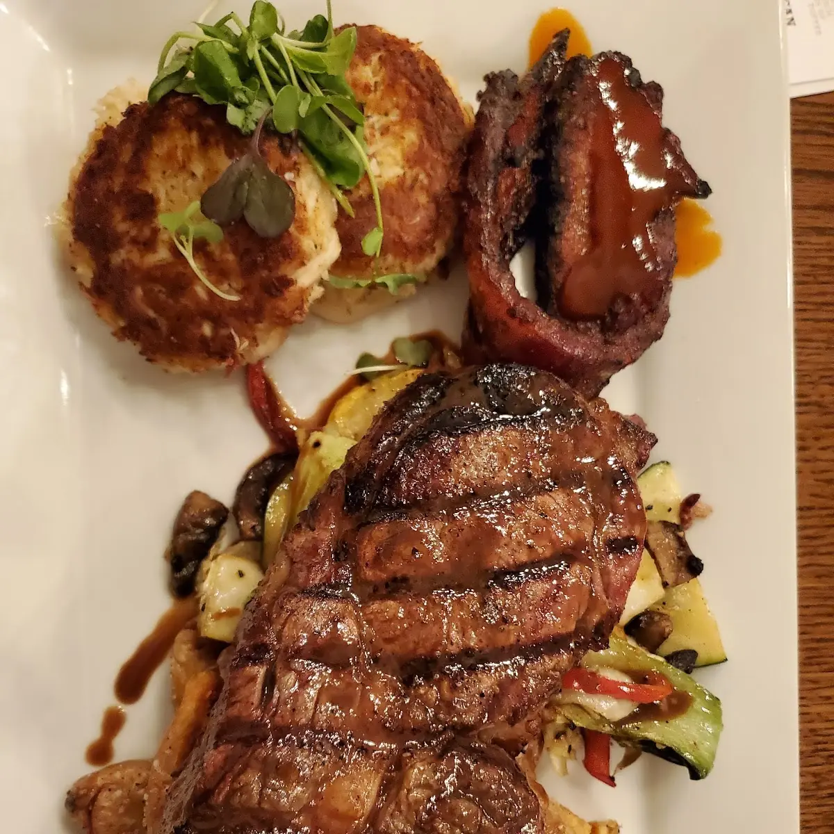 Surf and Turf Crab Cakes Candied Bacon