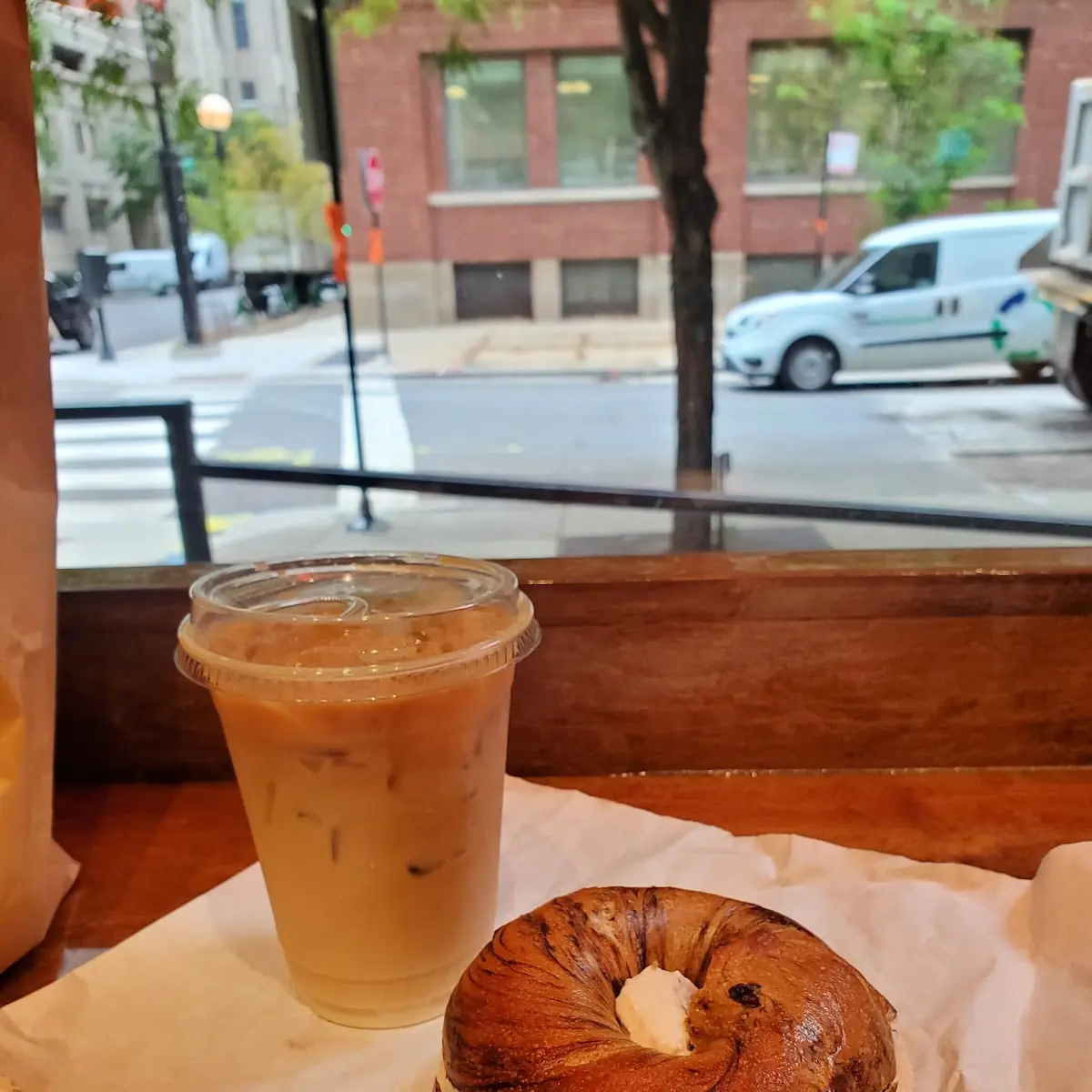 Cinnamon Raisin Bagel and Iced Latte