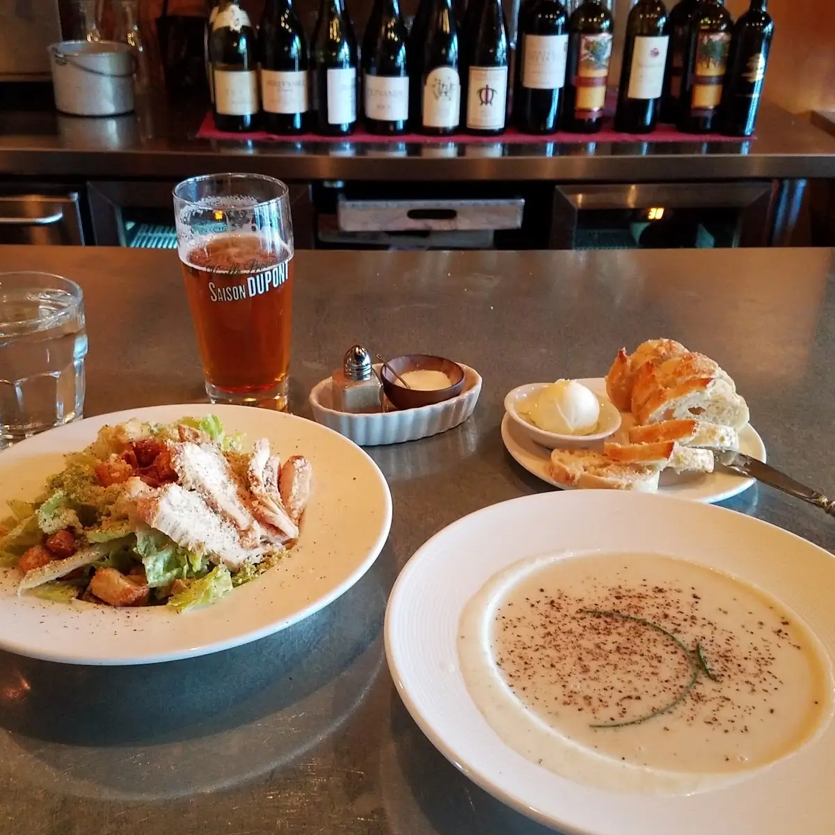 Chicken Caesar Salad and Cauliflower Soup