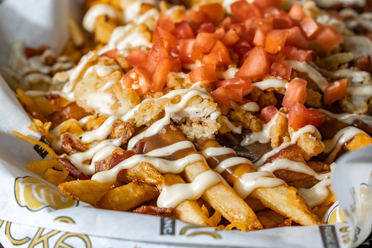 Buffalo Chicken & Bacon Poutine, Stacked Pancake & Breakfast House