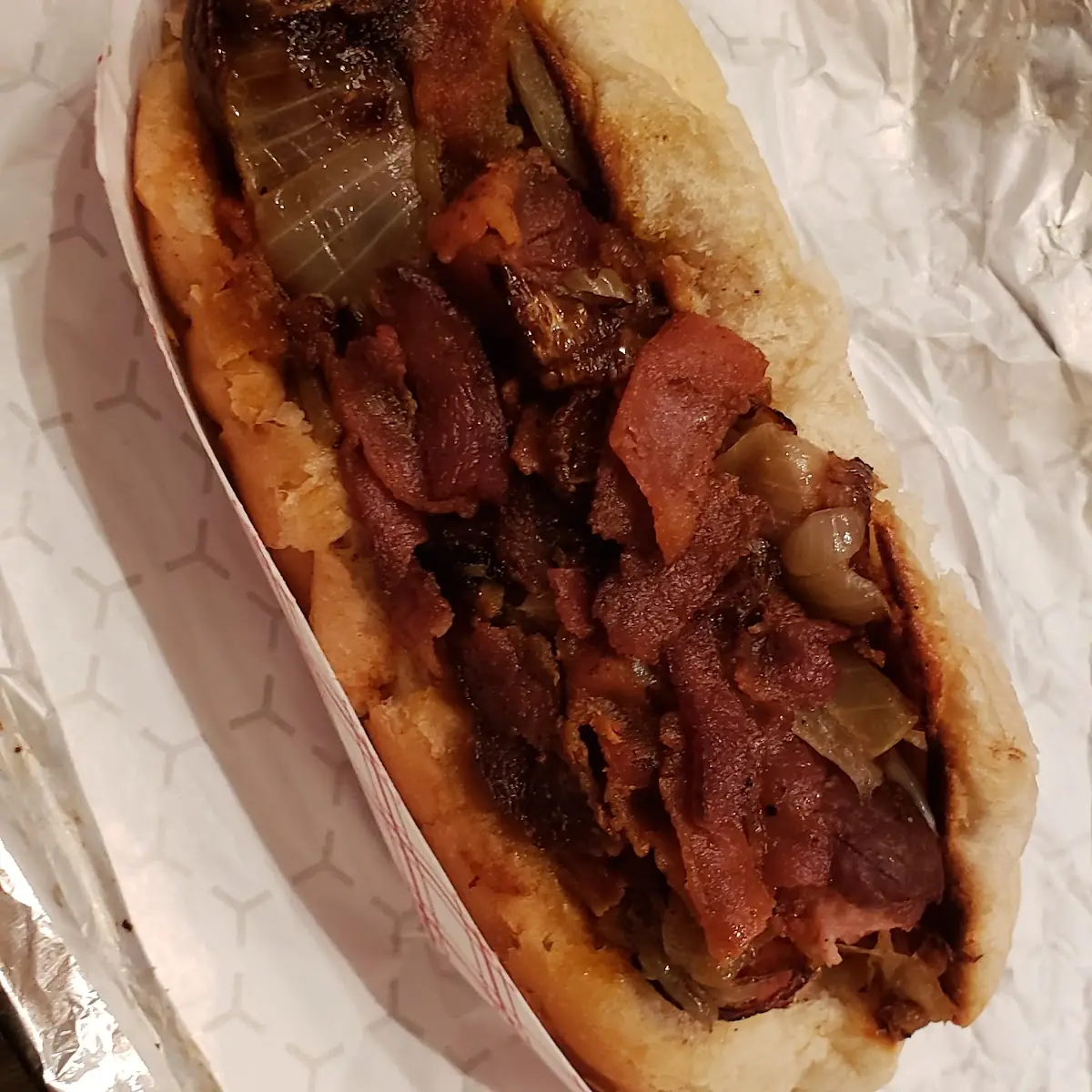 Hot Dog with Bacon and Fried Onions