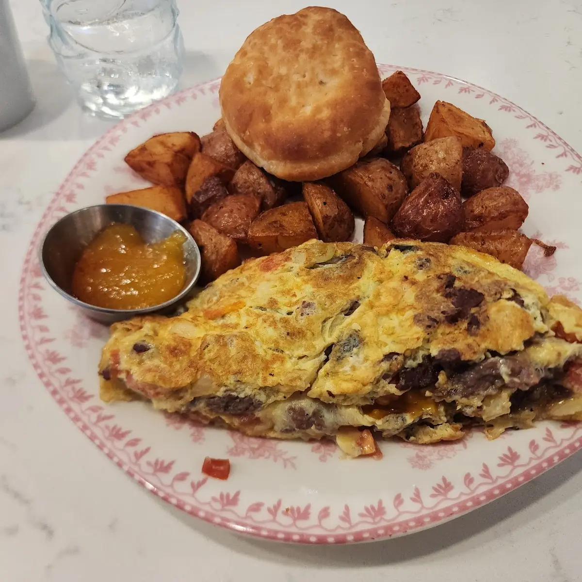 Omelette with Roasted Potatoes and Biscuit