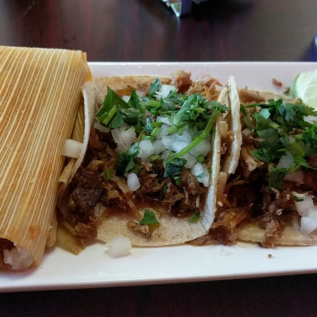 Tamale and Carnitas Tacos