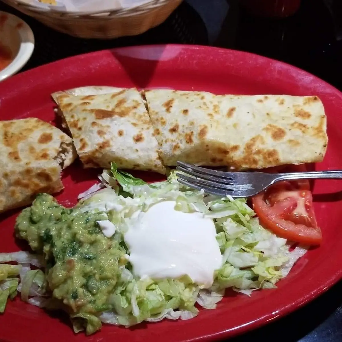 Steak and Chicken Quesadilla with a Pork Taco
