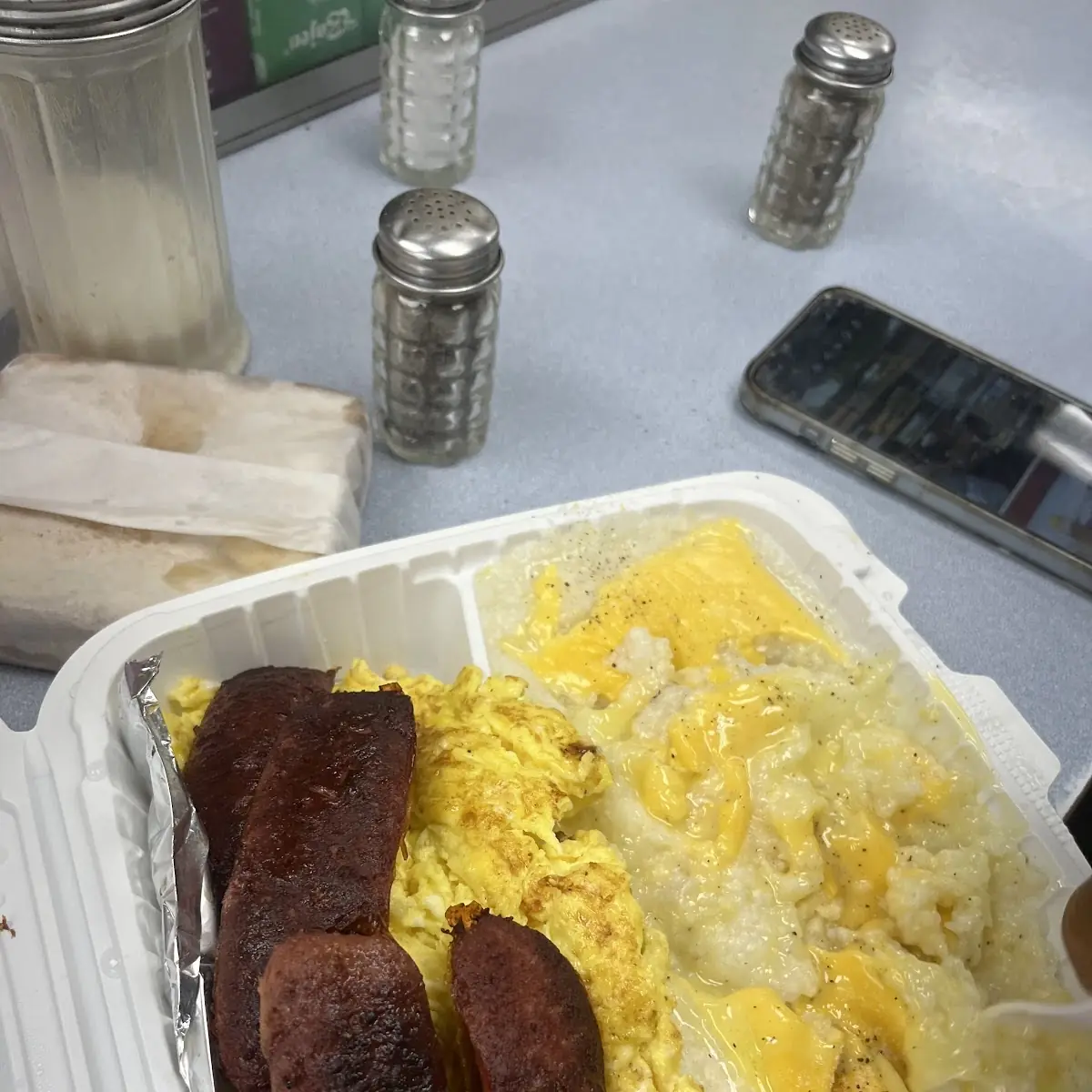 Beef Sausages Scrambled Eggs with Cheese with Cheese Grits