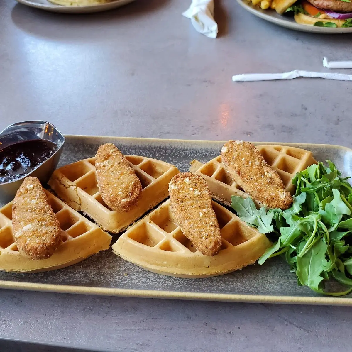 Vegan Chicken and Waffles with Blueberry Balsamic Sauce