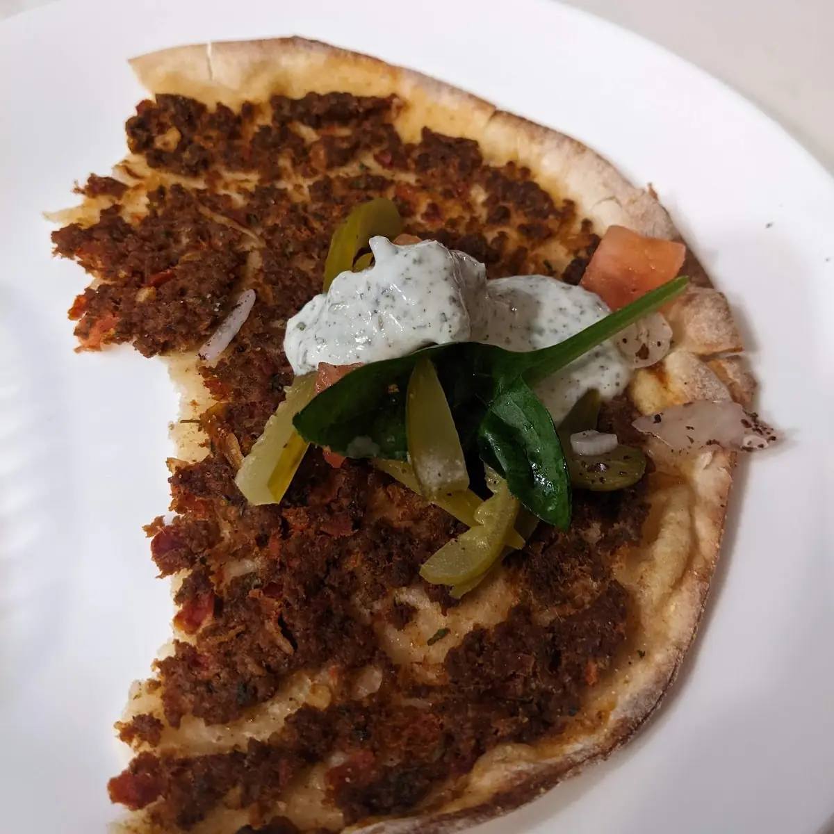 Super Thin Flatbread with Ground Beef and Served with Pickles and Tzatziki