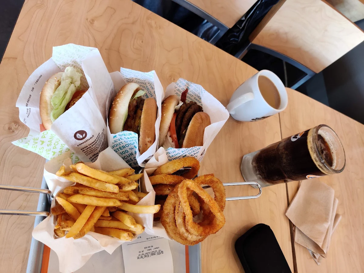 Spicy Chicken Sandwich Uncle Burger Double Teen Burger Fries Onion Rings and Root Beer, A&W Canada