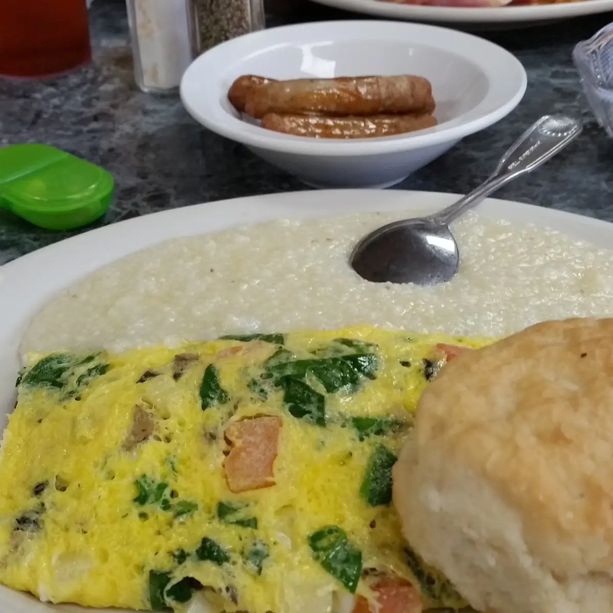 Veggie Omelette Grits Link Sausage Biscuit