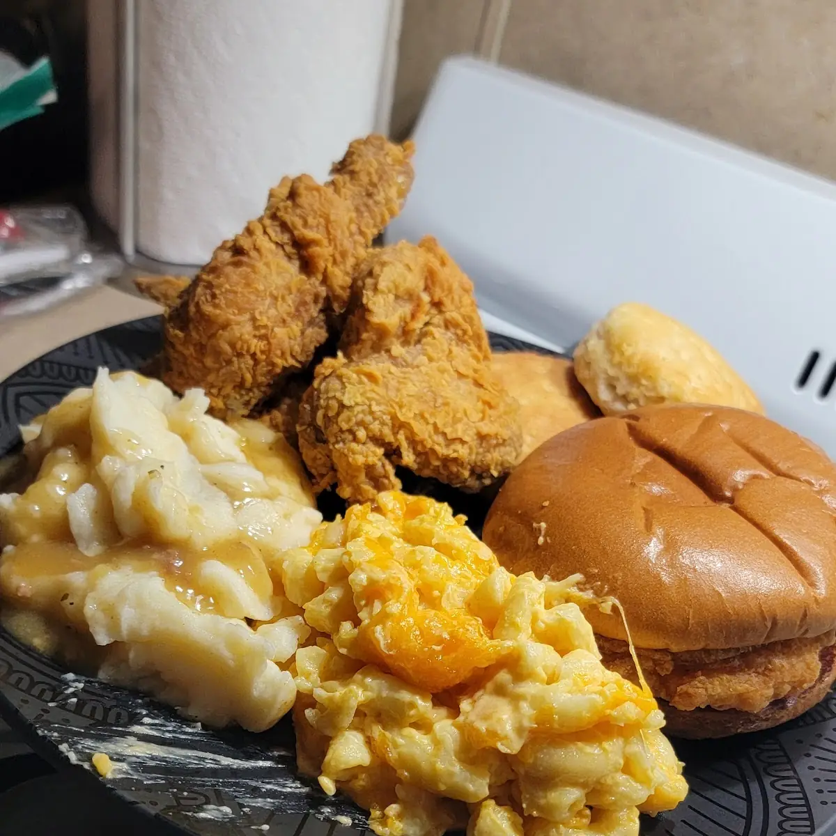 Fried Chicken Mac and Cheese Mashed Potatoes with Gravy & Spicy Fish Sandwich