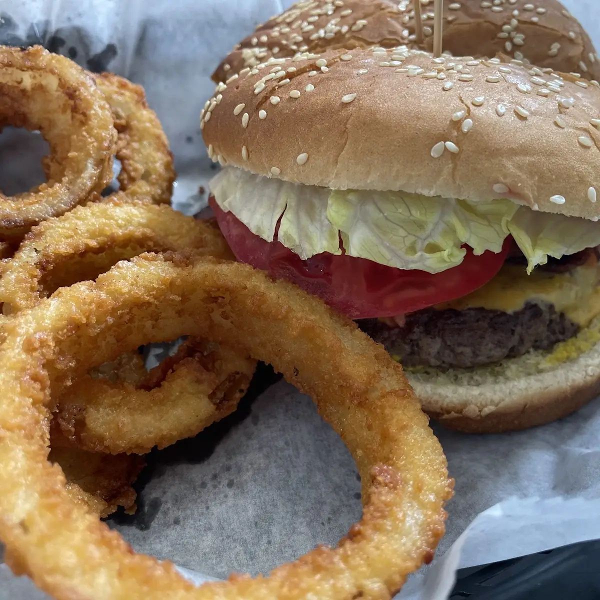 Bacon Cheeseburger and Onion Rings
