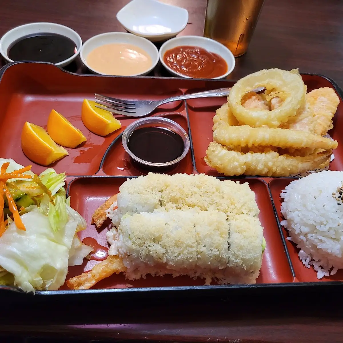 Bento Box Special with Two Items Crunch Roll and Tempura Served with Miso Soup Salad & Steamed Rice