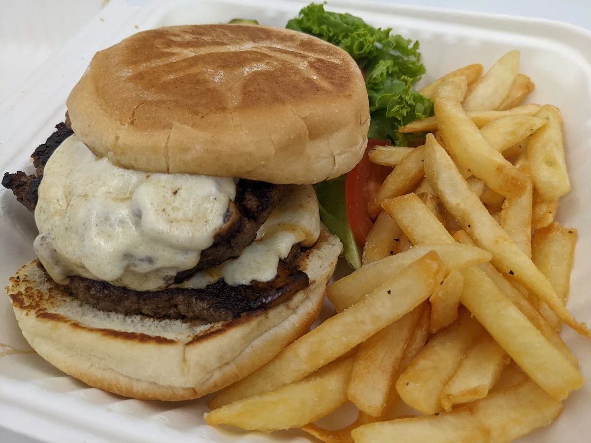Riley's Burger Double Meat with Swiss Cheese and Mushrooms