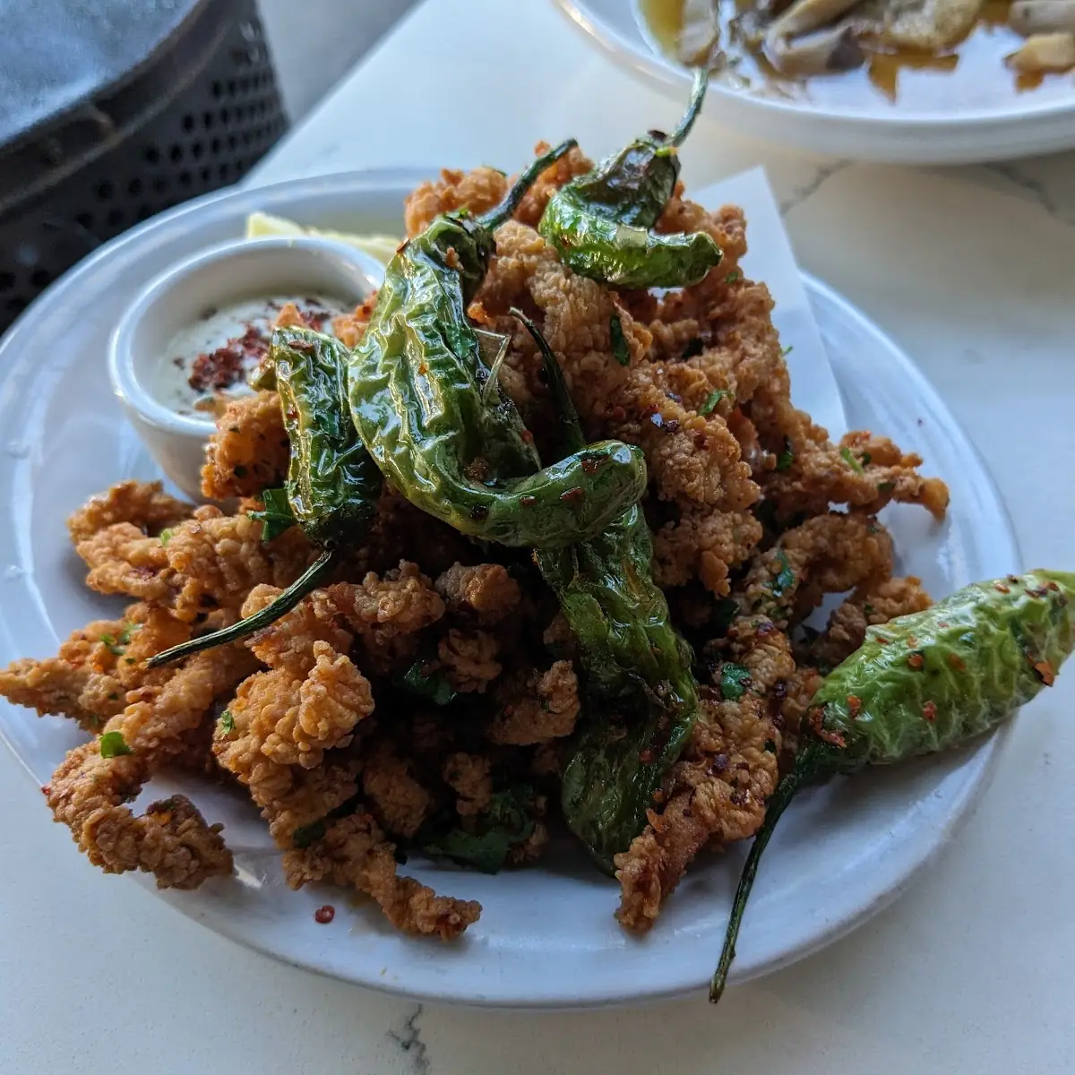 Fried Ipswich Clam Strips with Shishito Peppers & Roasted Chili Mayo