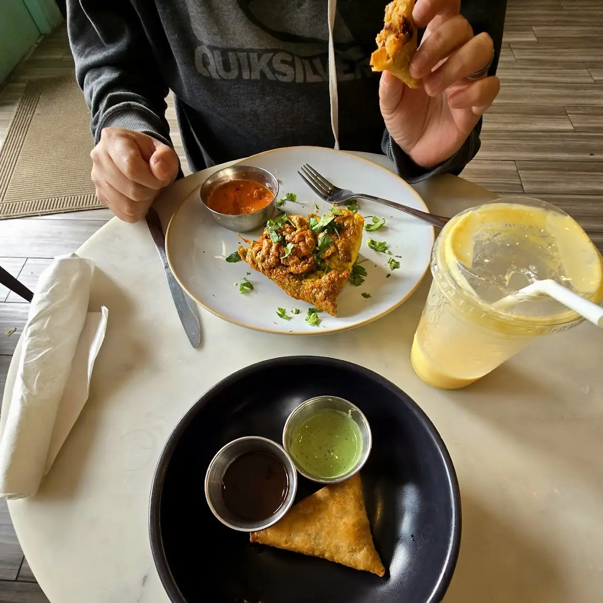 Masala Frittata Samosa Mango Lassi