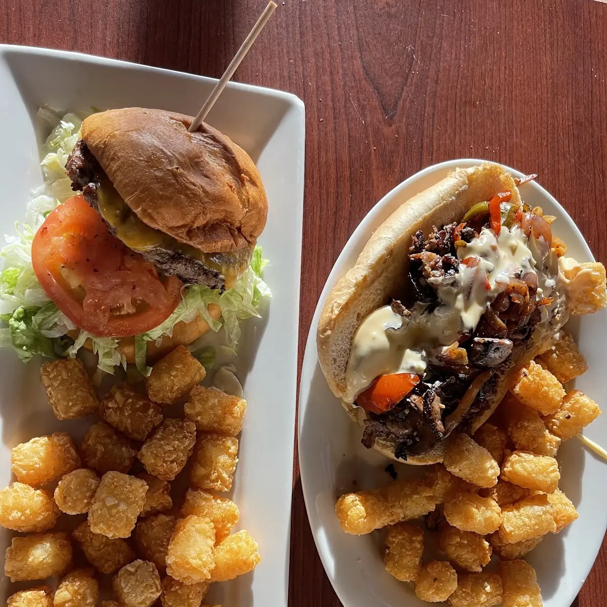 Philly Cheesesteak Sandwich and Cheeseburger Tot’S