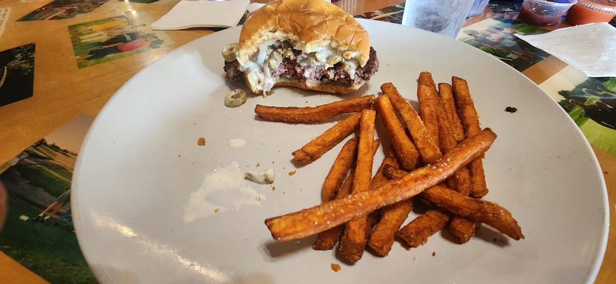 Olive Burger with Sweet Potato Fries