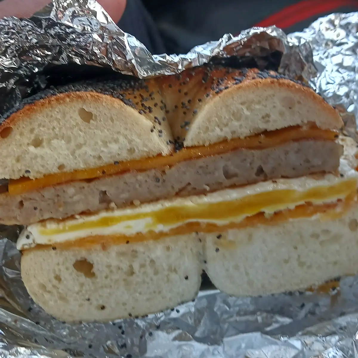 Sausage Egg and and Cheese on a Everything Bagel