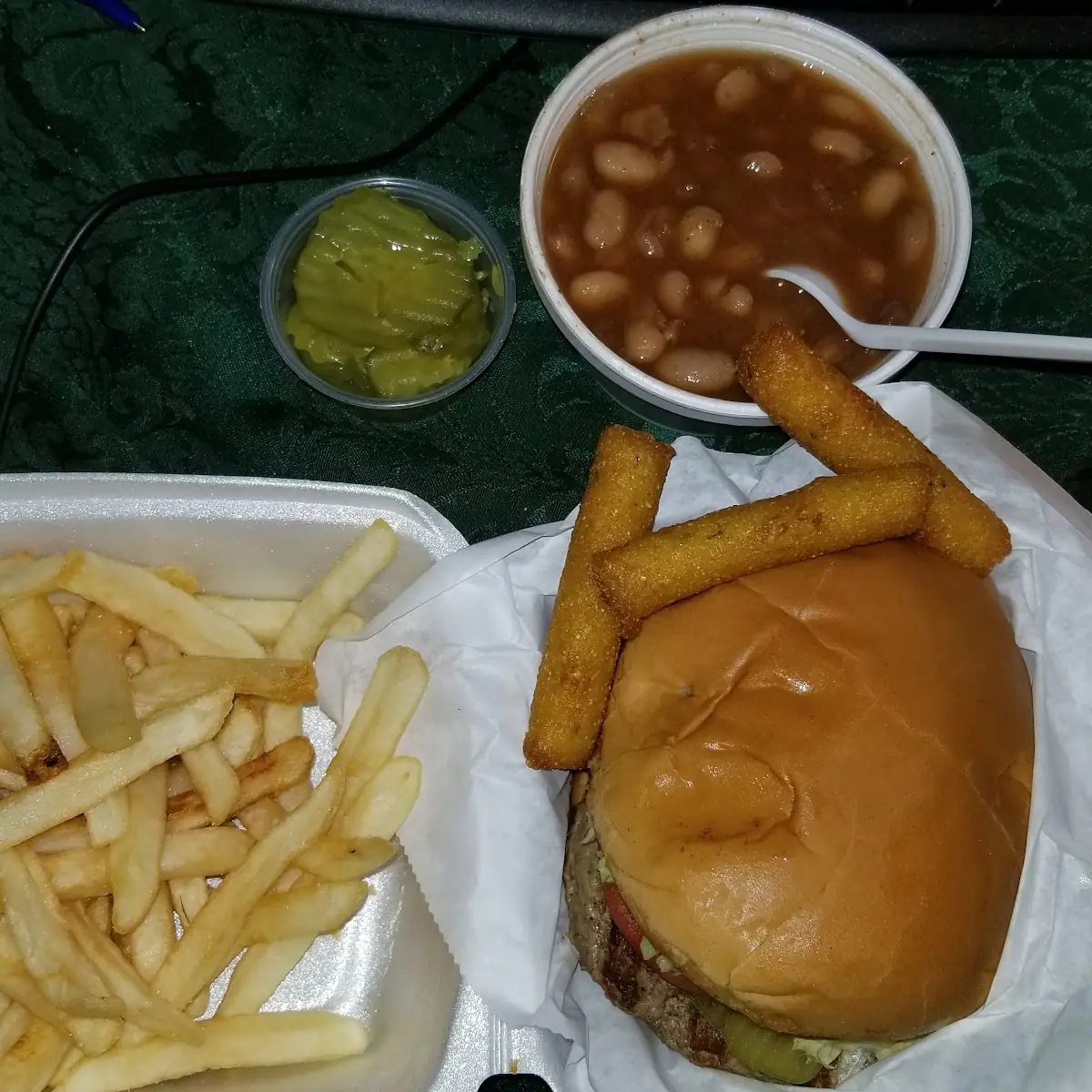 Cheeseburger with French Fries with Beans Also