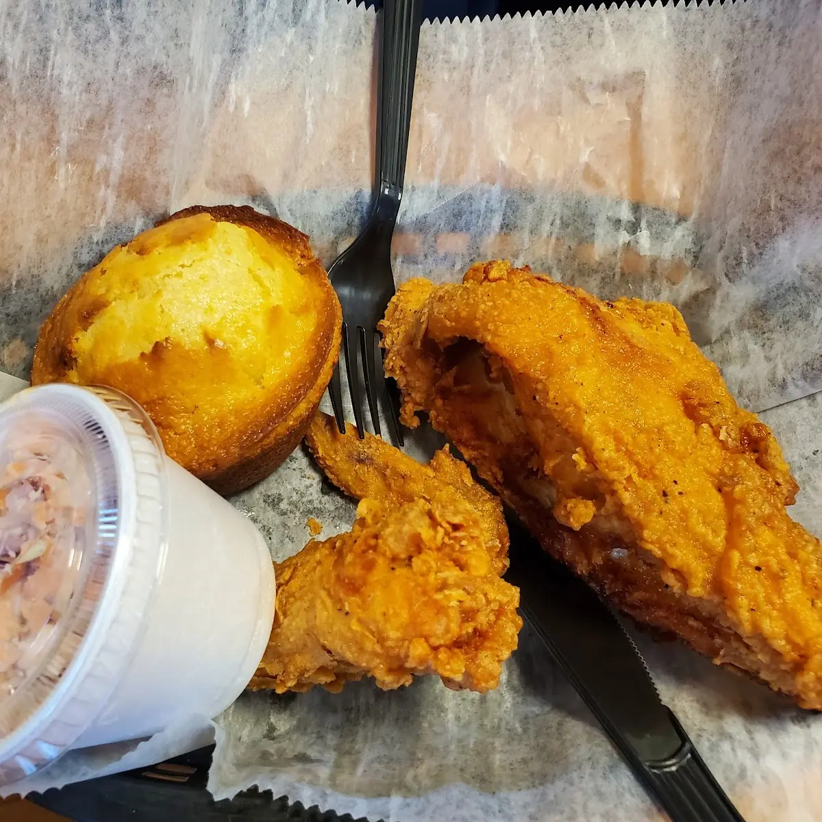 2 PC Fried Chicken with Slaw and Corn Bread
