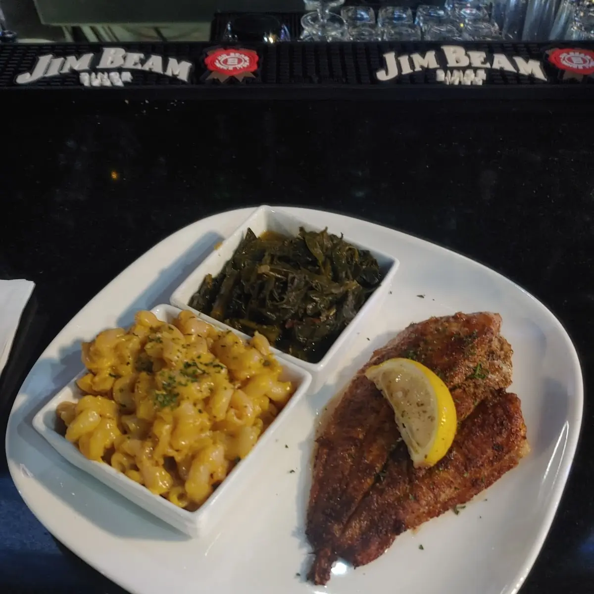 Grilled Catfish Mac Cheese Collard Greens