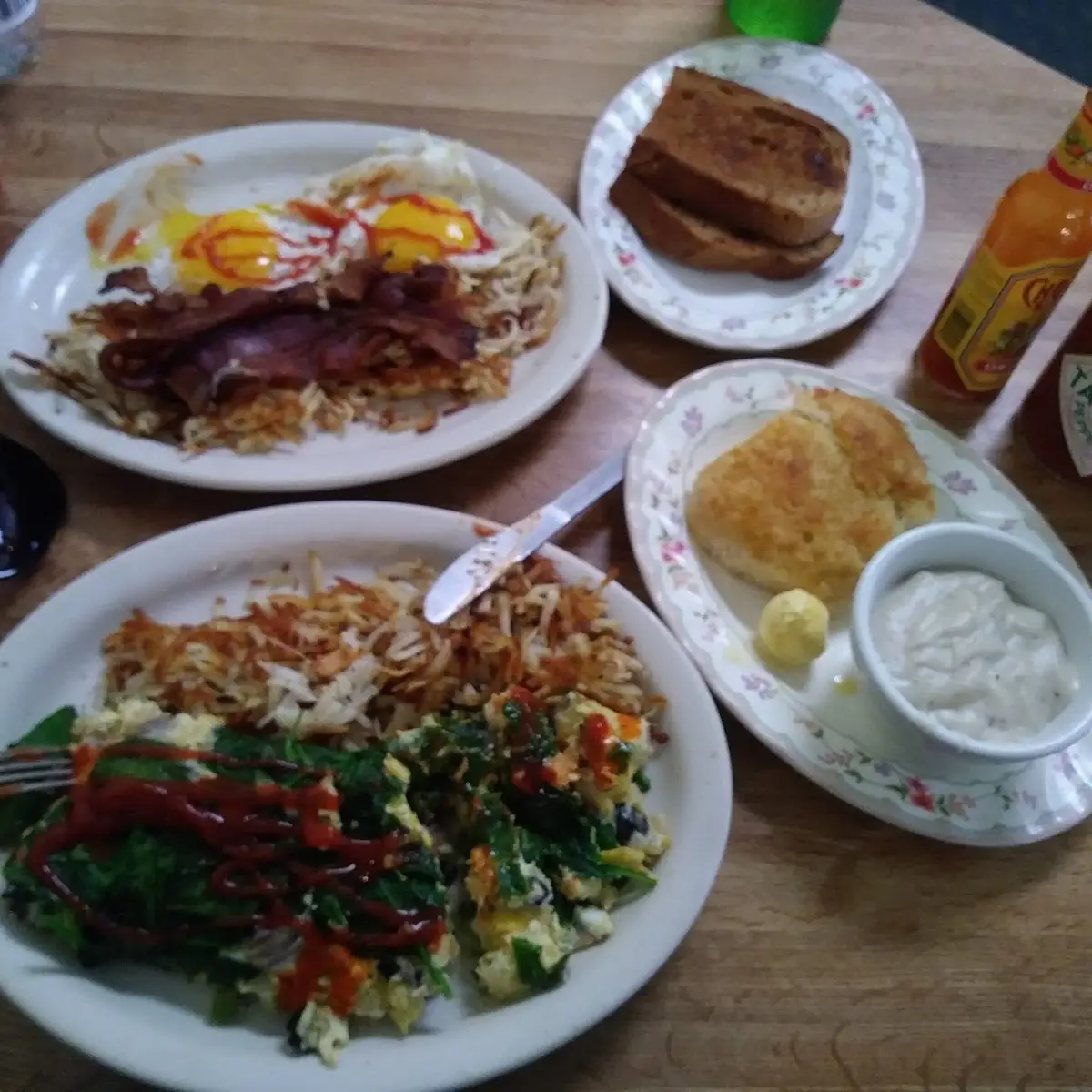 Eggs Bacon Hash Browns and Pancakes