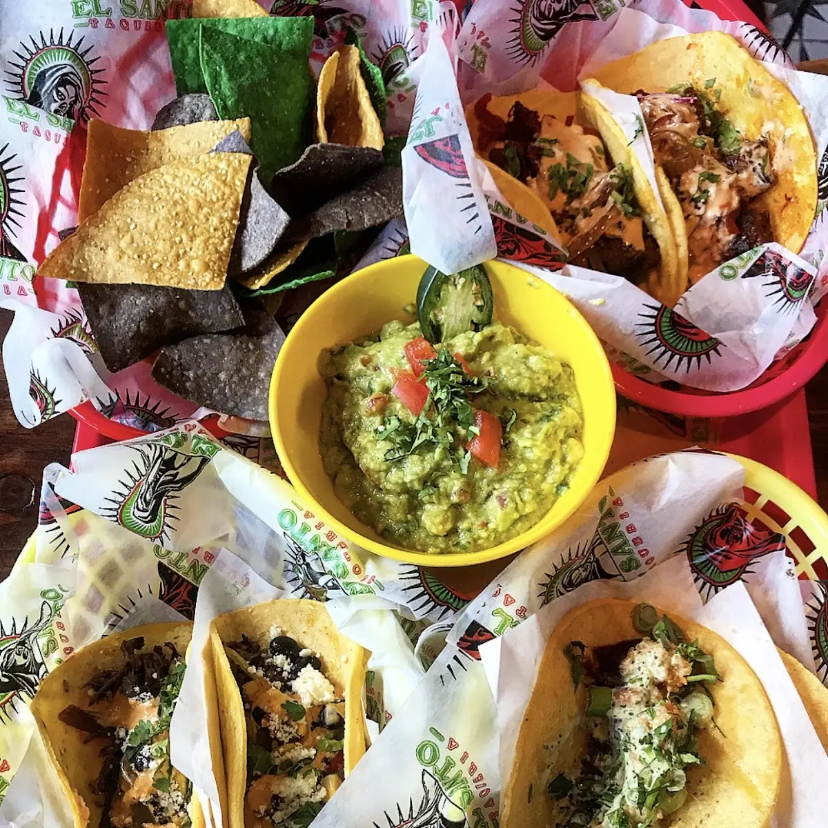 Guaca and Chips and Chicken and Pork Soft Shell Tacos
