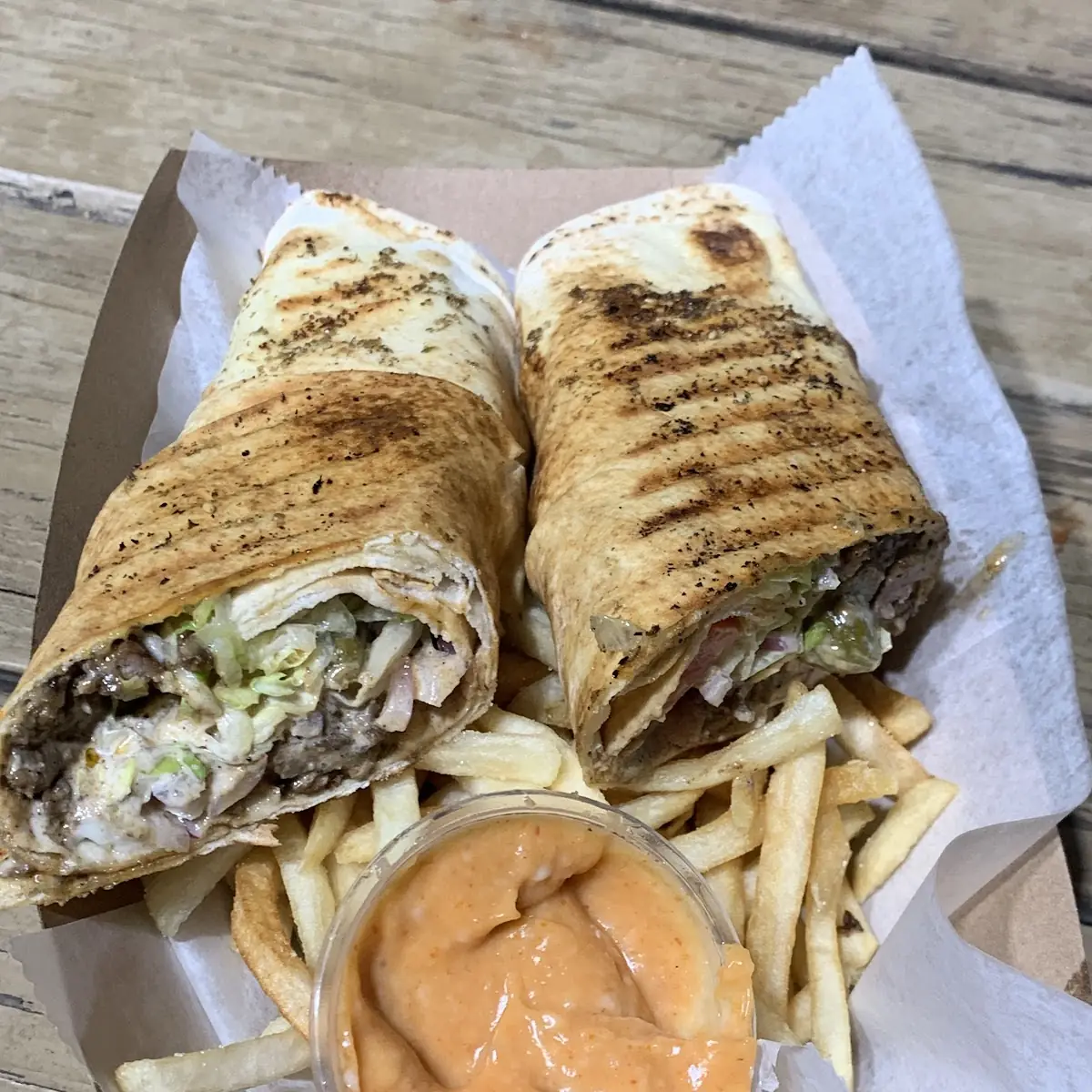 Steak Shawarma Wrap with Fries and Side