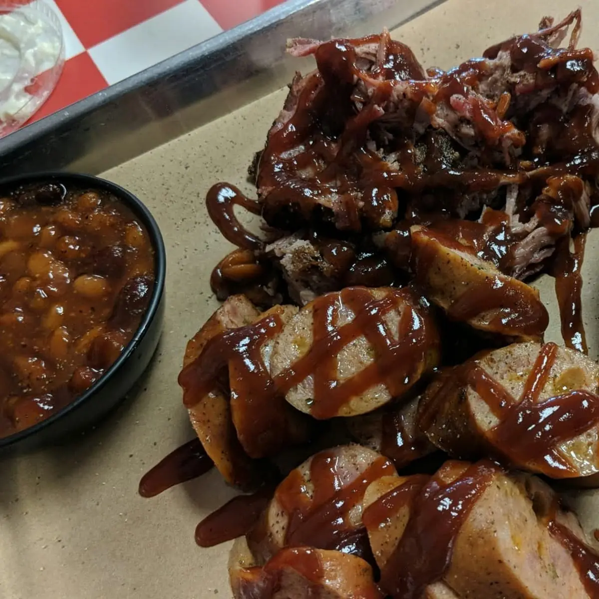Two Meat Dinner with Pulled Pork Jalapeno Cheddar Sausage Beans and Macaroni Salad