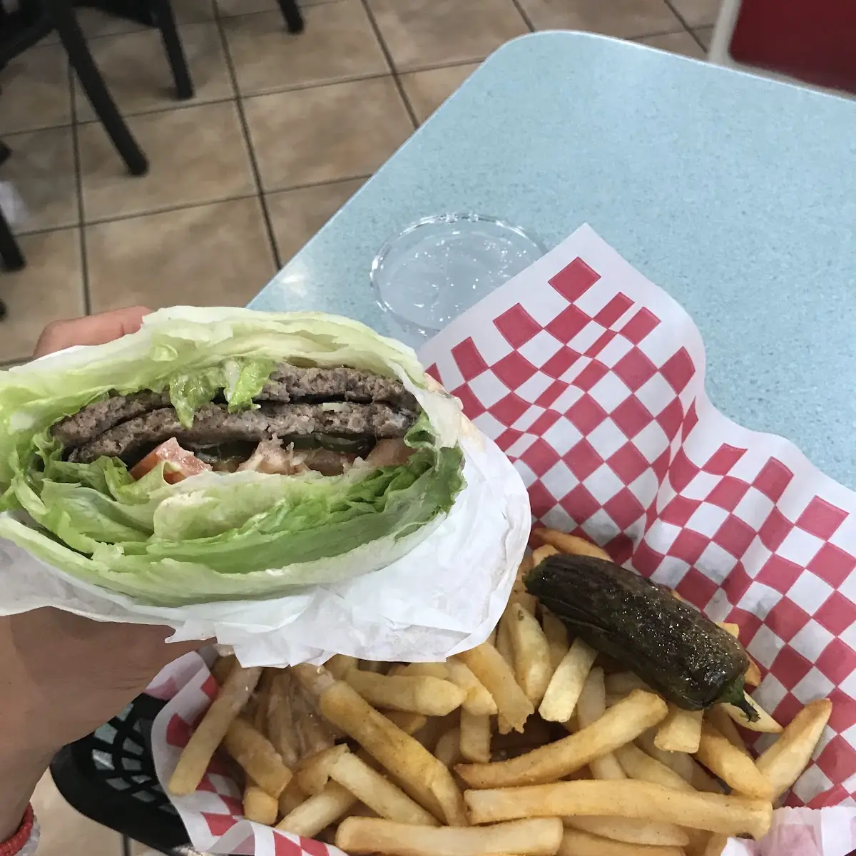 Burger with Lettuce Wraps Fries & Fried Jalapenos