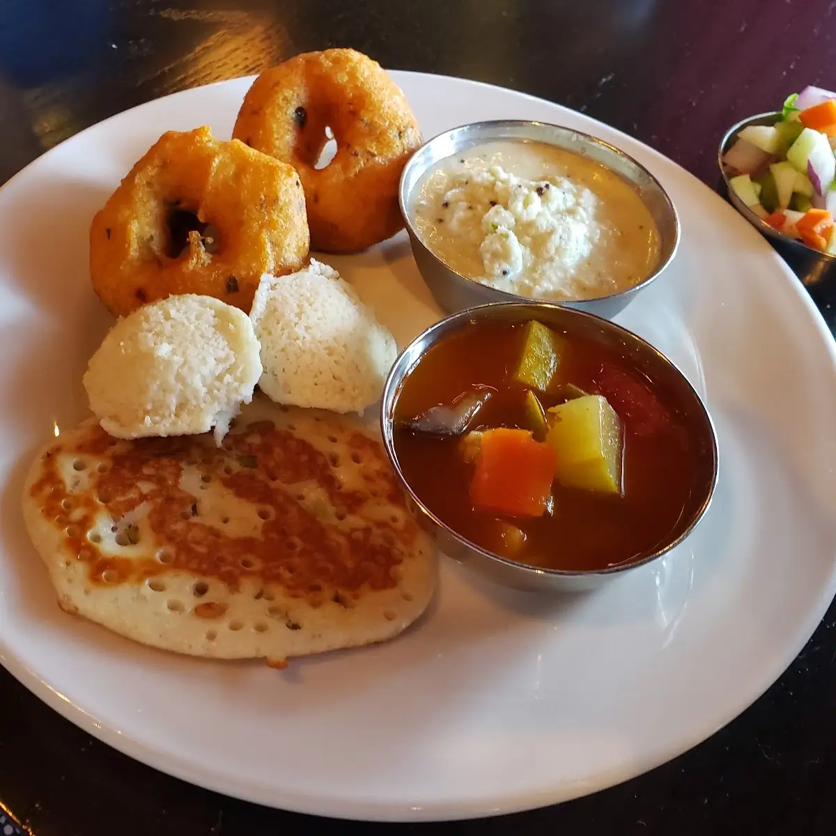 Idli Vada Uttapam with Sambar and Coconut Chutney