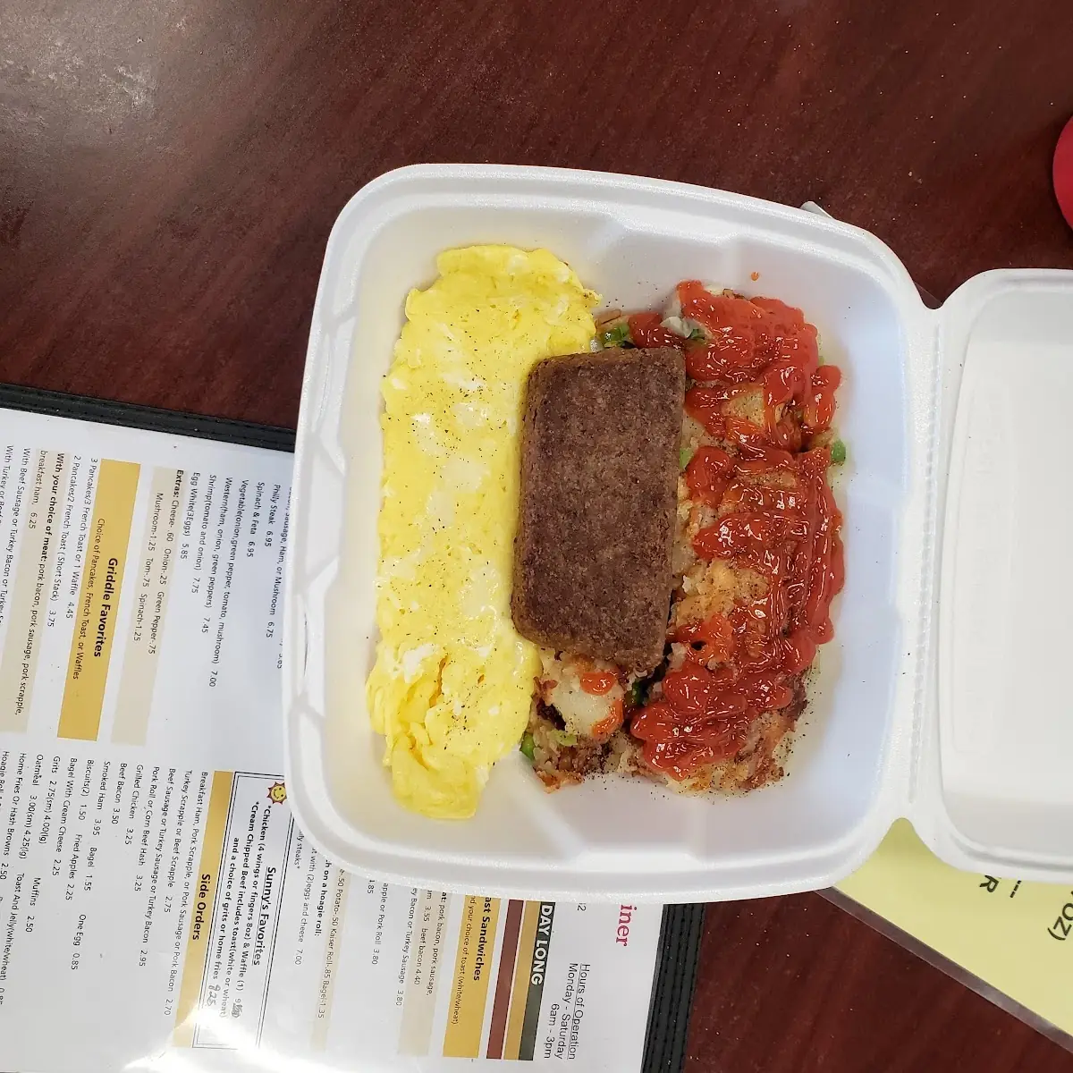 Cheese Eggs Home Fries and Scrapple