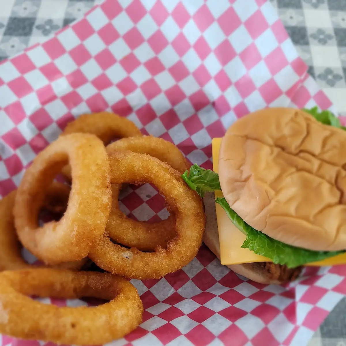 Fried Chicken Sandwich and Onion Rings