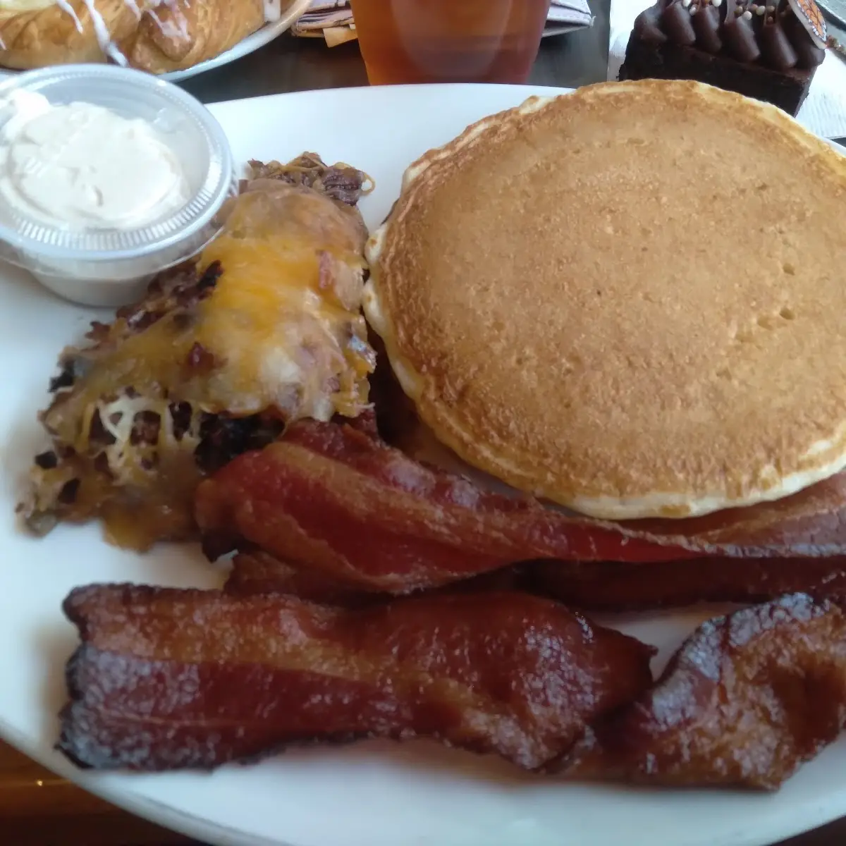 Pancakes Bacon and Corned Beef Hash from the Buffet