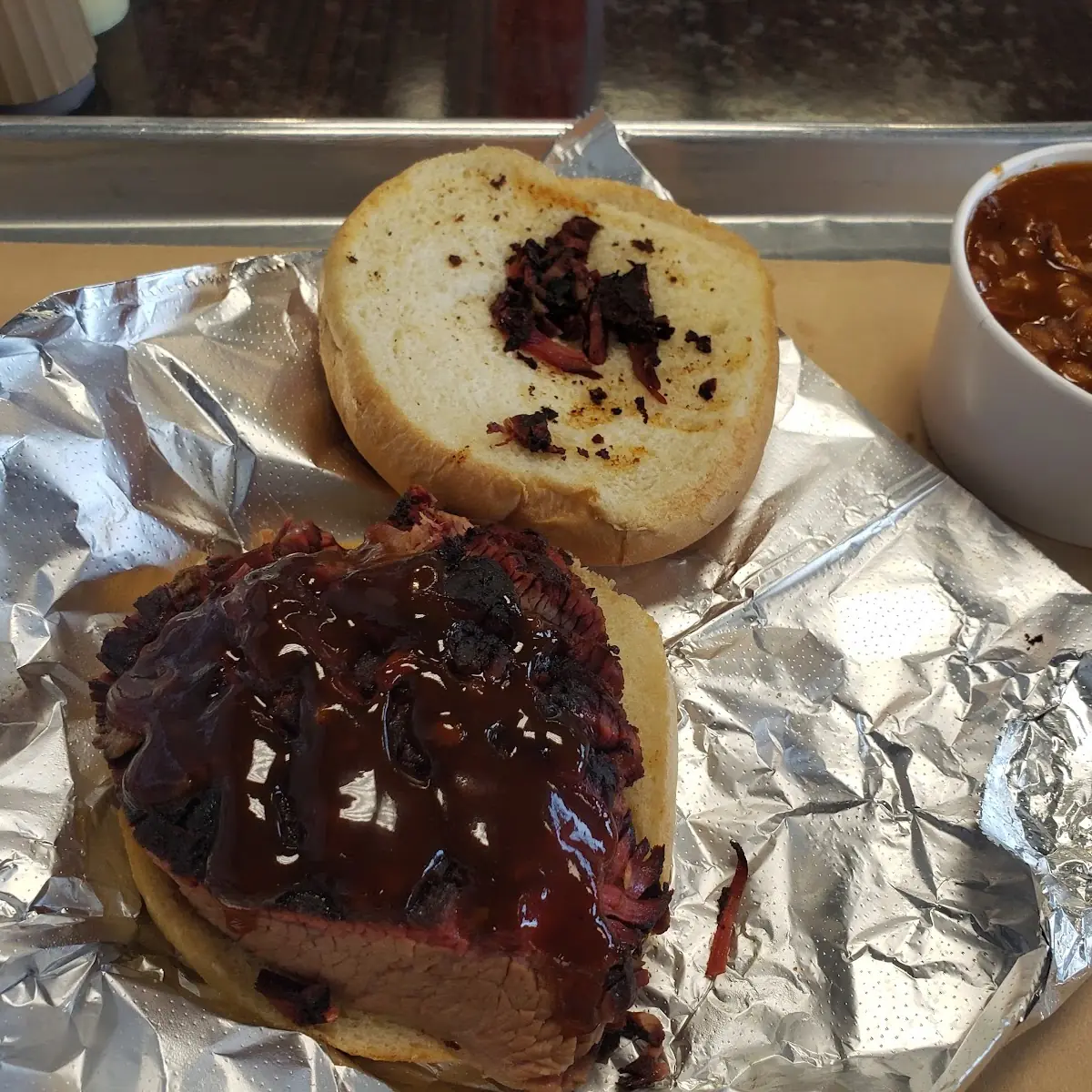 Brisket Sandwich with Smoked Beans