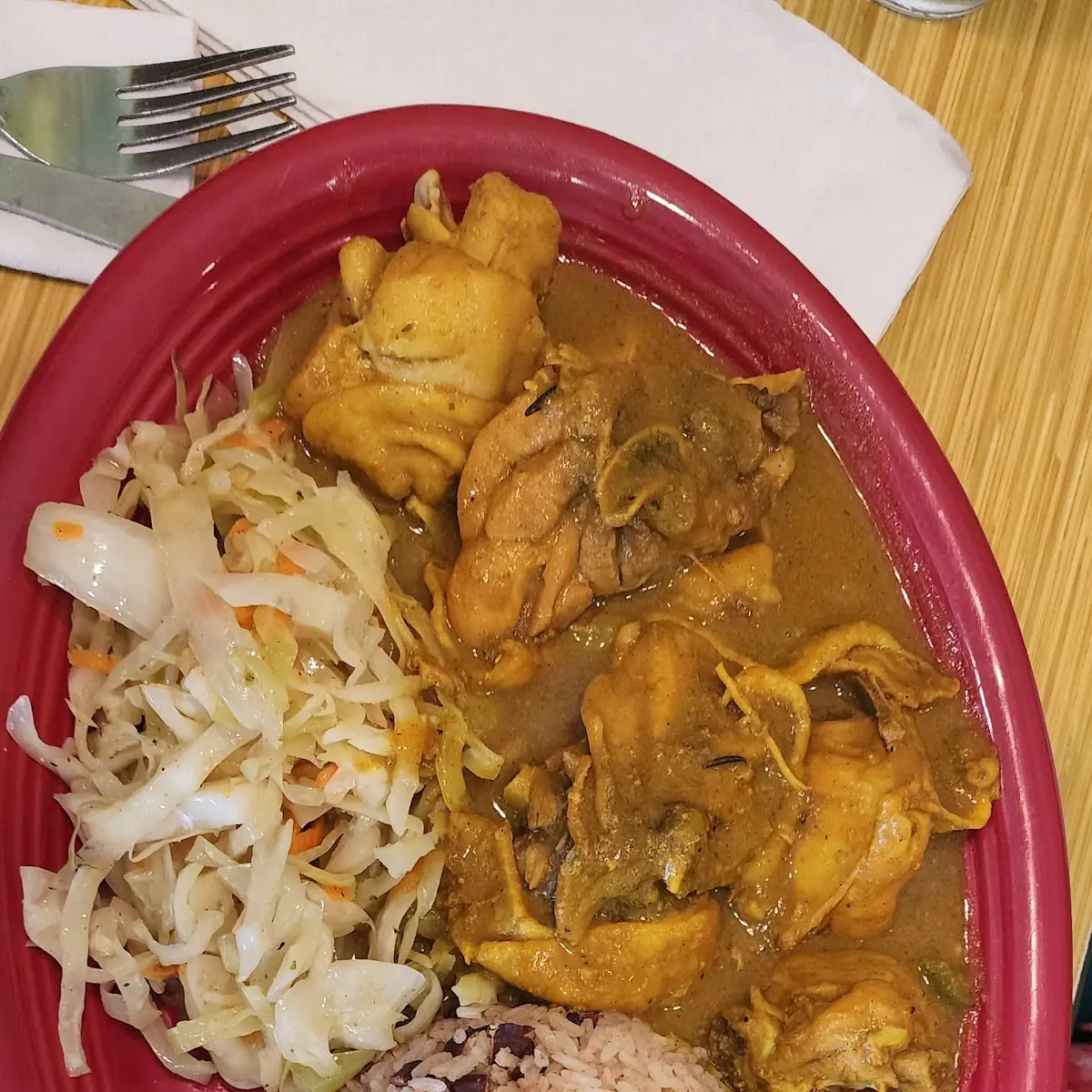 Curry Chicken with Cabbage and Rice and Peas