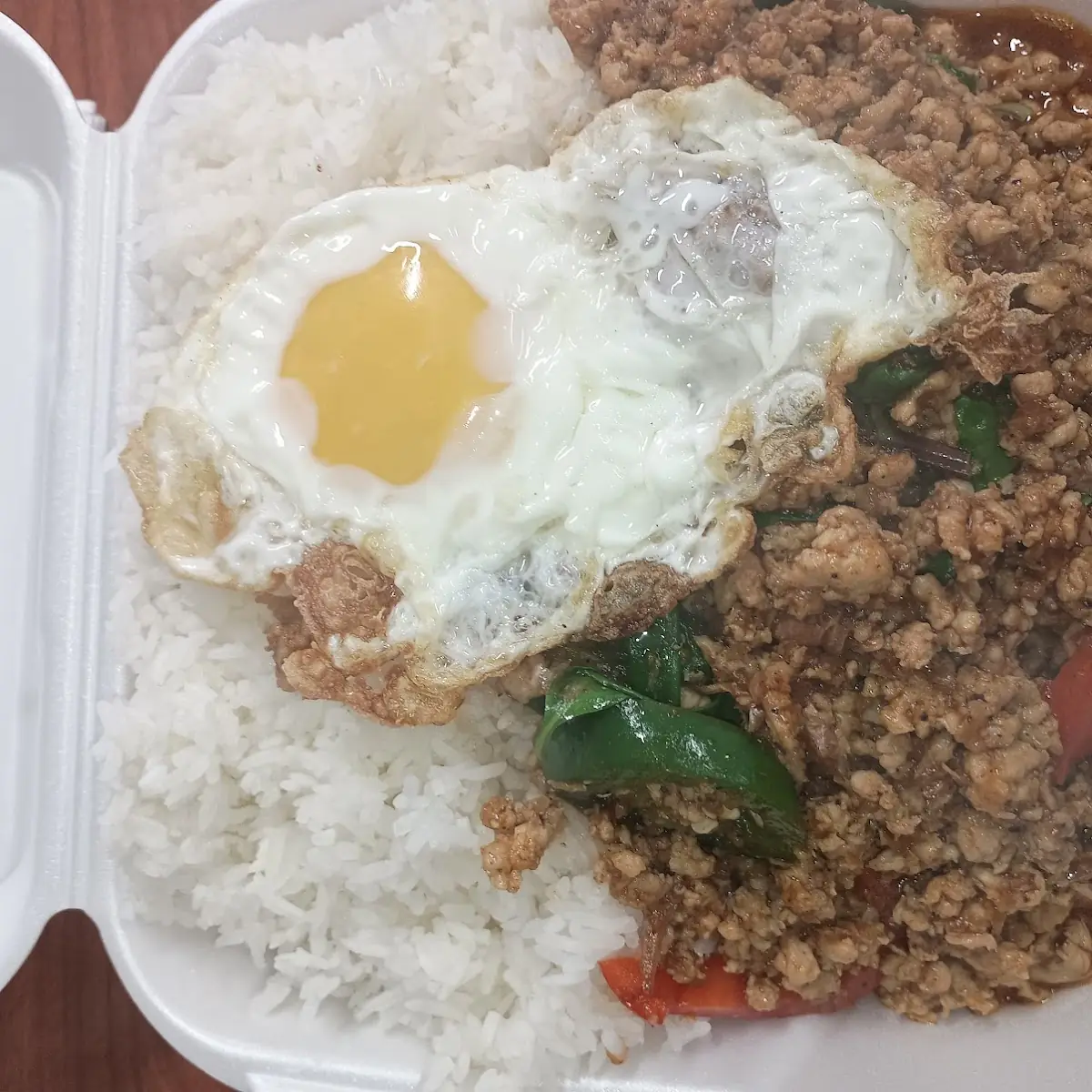 Basil Chicken with Steamed Rice and Fried Egg