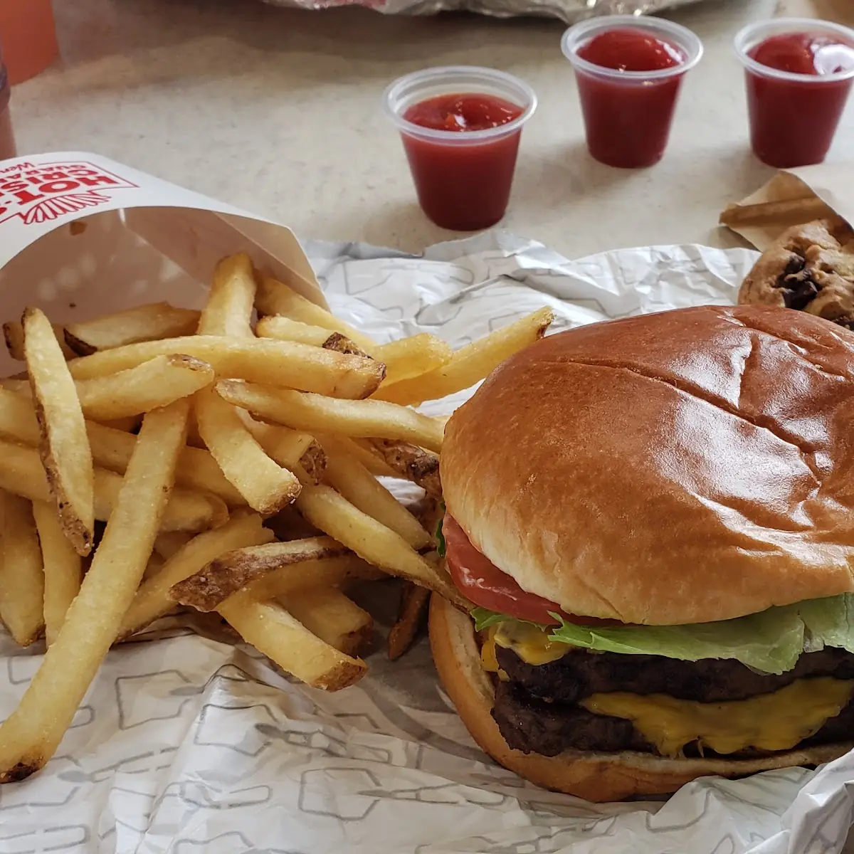 Double Cheese Burger with Fries and Chocolate Chunk Cookie