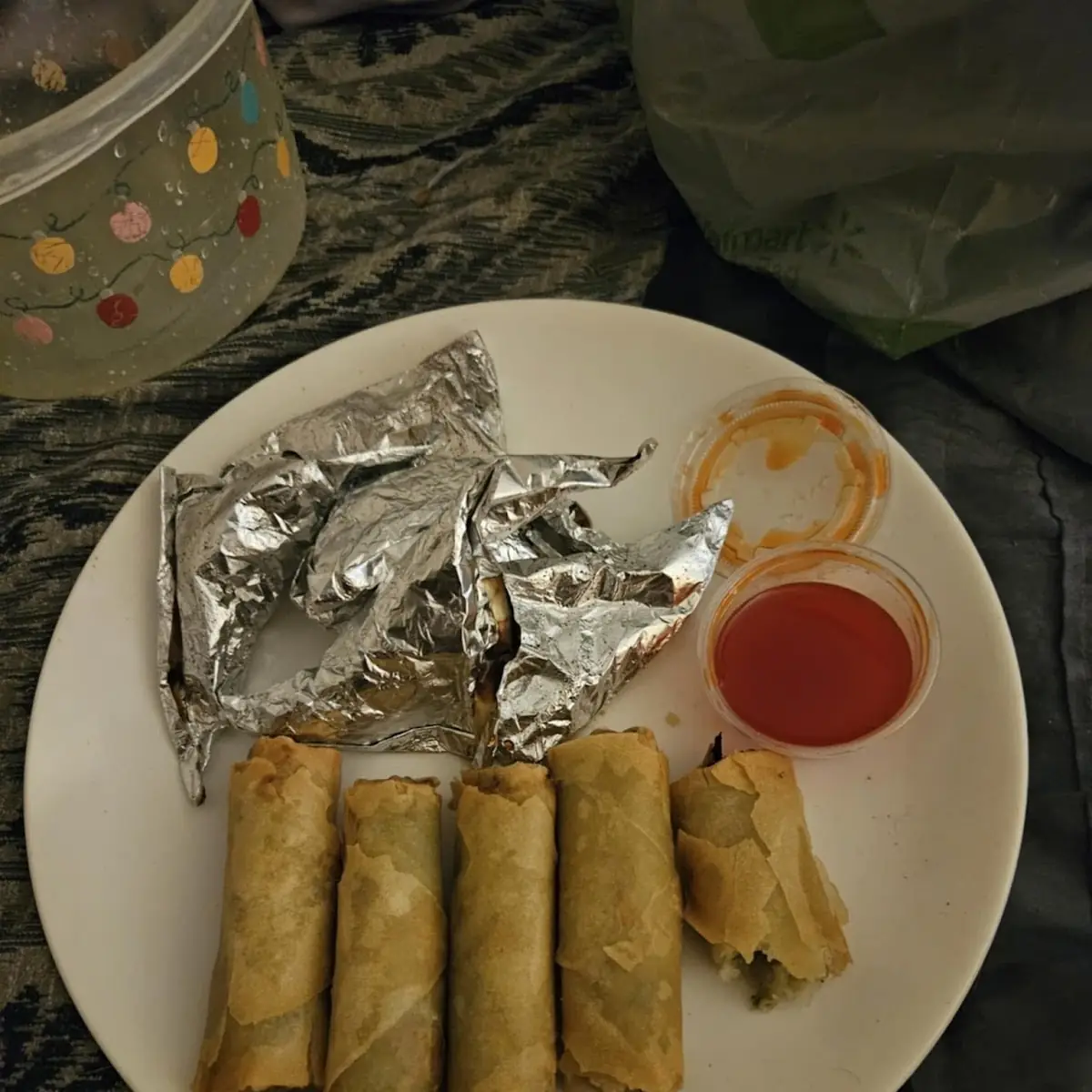 Foil Wrapped Chicken and Egg Rolls
